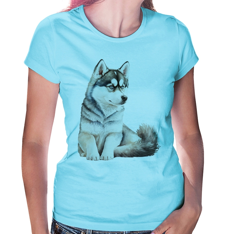 Baby Look Cachorro Husky Siberiano - Azul Bebê