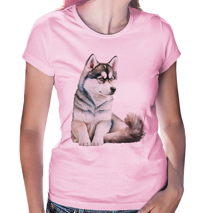 Baby Look Cachorro Husky Siberiano - Rosa Bebê