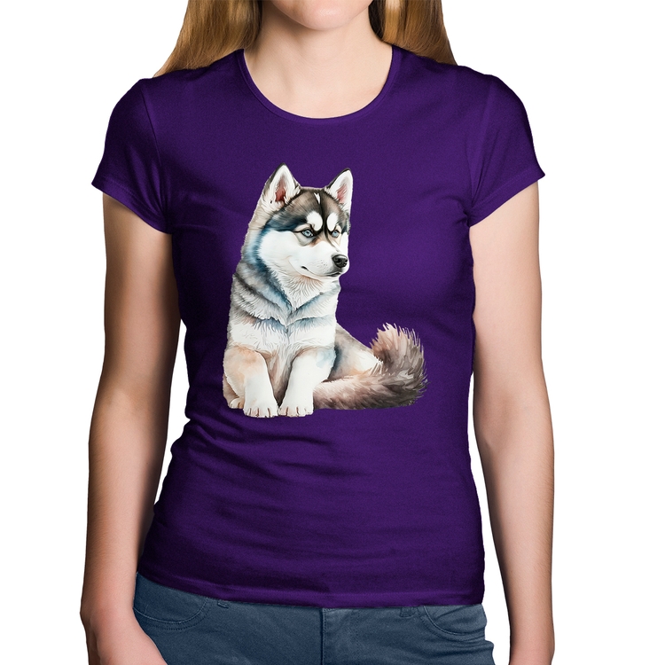 Baby Look Algodão Cachorro Husky Siberiano - Roxa