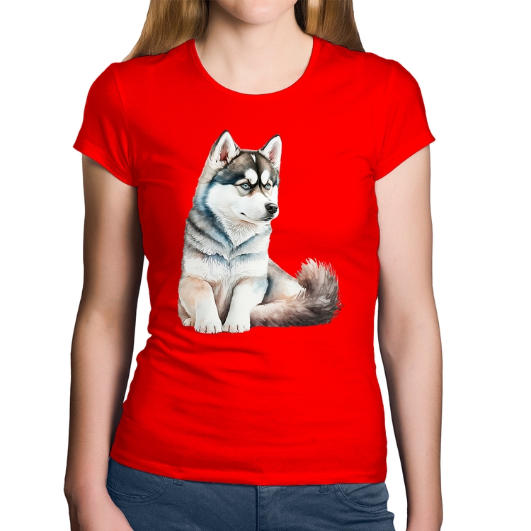 Baby Look Algodão Cachorro Husky Siberiano - Vermelha