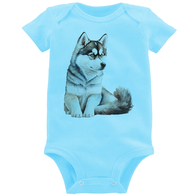 Body Bebê Cachorro Husky Siberiano - Azul Bebê