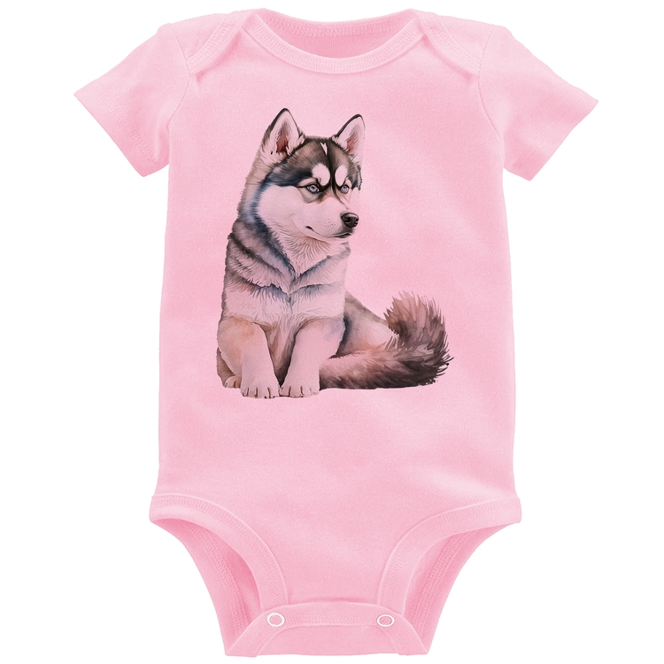 Body Bebê Cachorro Husky Siberiano - Rosa Bebê