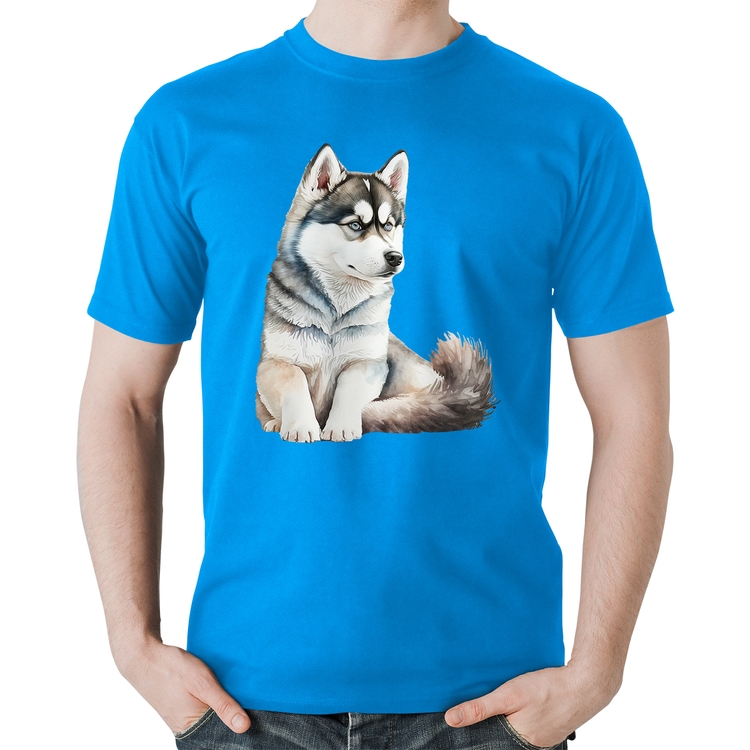 Camiseta Algodão Cachorro Husky Siberiano - Azul