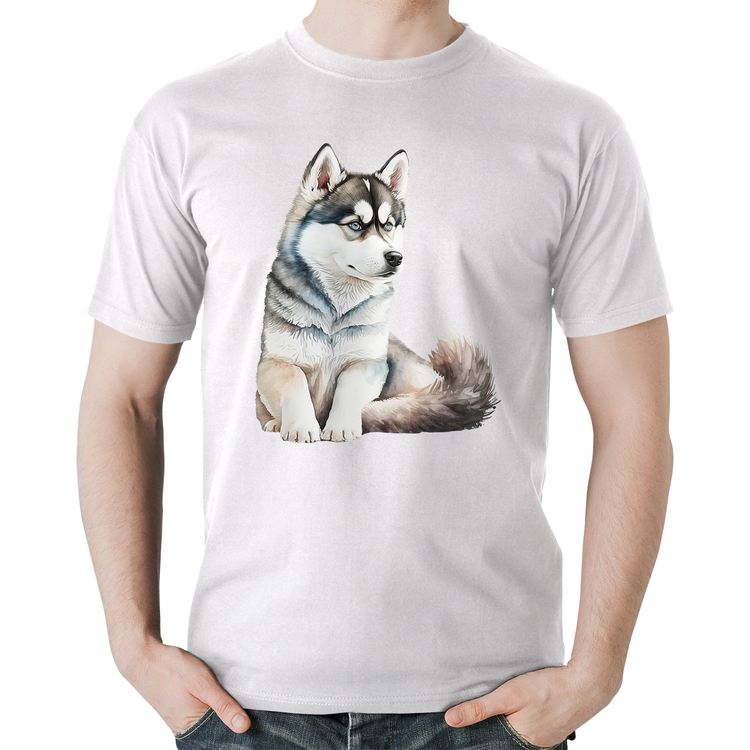Camiseta Algodão Cachorro Husky Siberiano - Branca