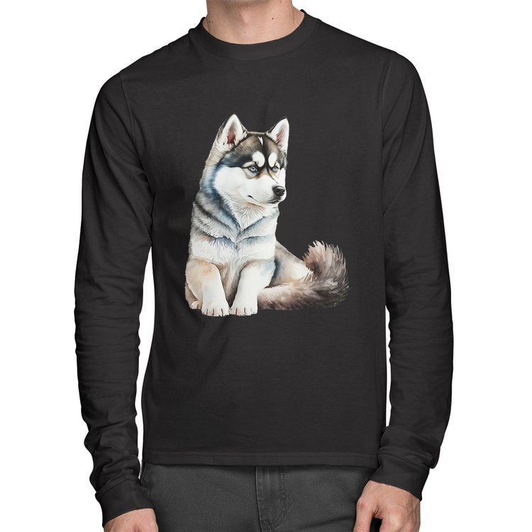 Camiseta Algodão Cachorro Husky Siberiano Manga Longa