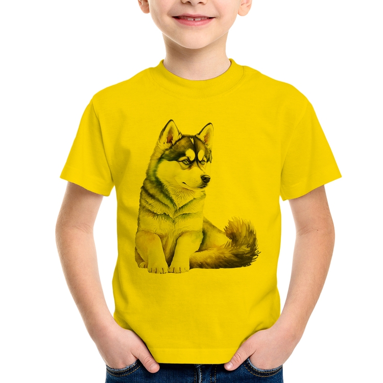 Camiseta Infantil Cachorro Husky Siberiano - Amarela