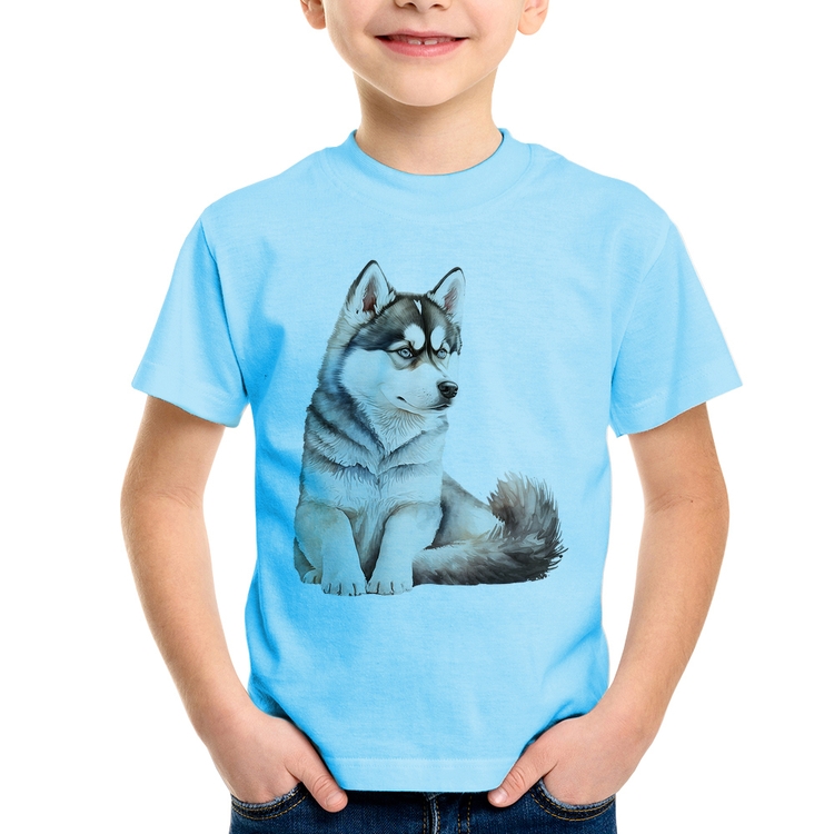 Camiseta Infantil Cachorro Husky Siberiano - Azul Bebê