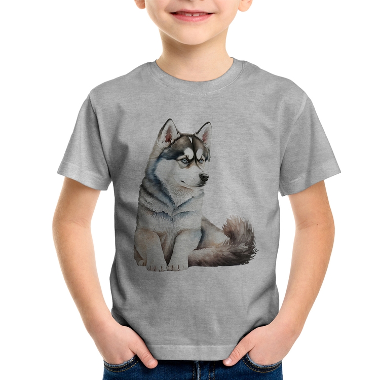 Camiseta Infantil Cachorro Husky Siberiano - Cinza