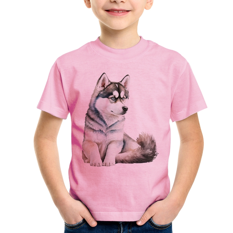 Camiseta Infantil Cachorro Husky Siberiano - Rosa Bebê