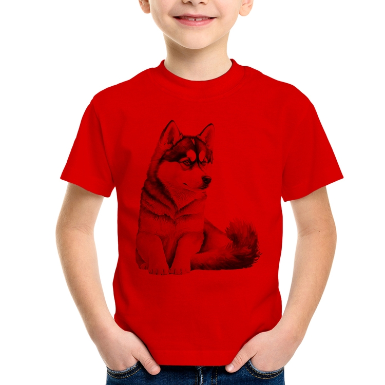 Camiseta Infantil Cachorro Husky Siberiano - Vermelha