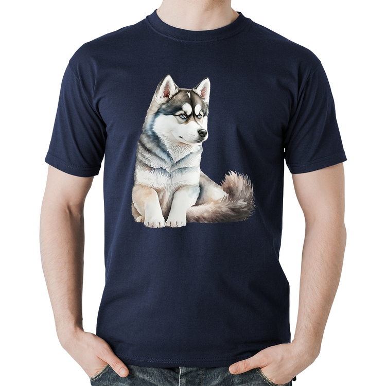 Camiseta Algodão Cachorro Husky Siberiano - Marinho
