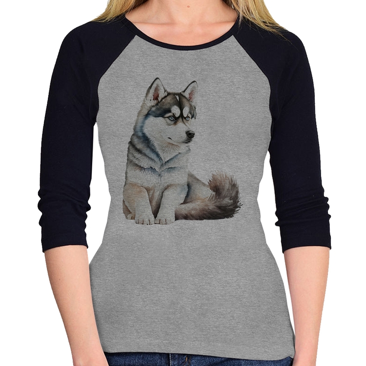 Baby Look Raglan Cachorro Husky Siberiano Manga 3/4 - Cinza/Preto