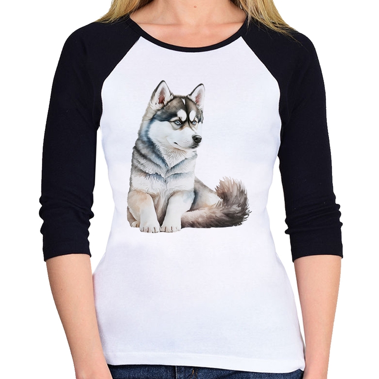 Baby Look Raglan Cachorro Husky Siberiano Manga 3/4