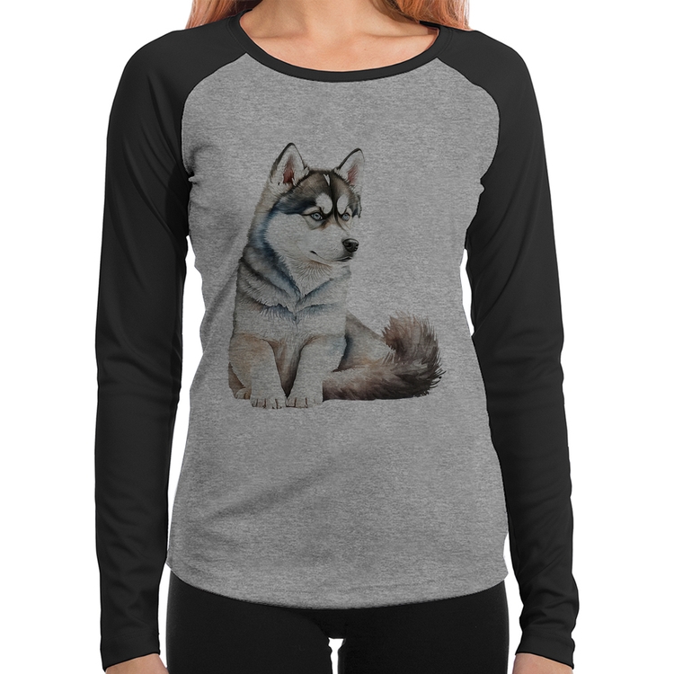 Baby Look Raglan Cachorro Husky Siberiano Manga Longa - Cinza/Preto