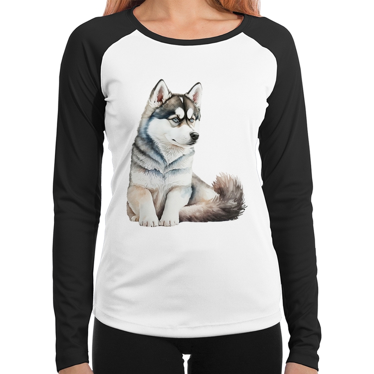 Baby Look Raglan Cachorro Husky Siberiano Manga Longa