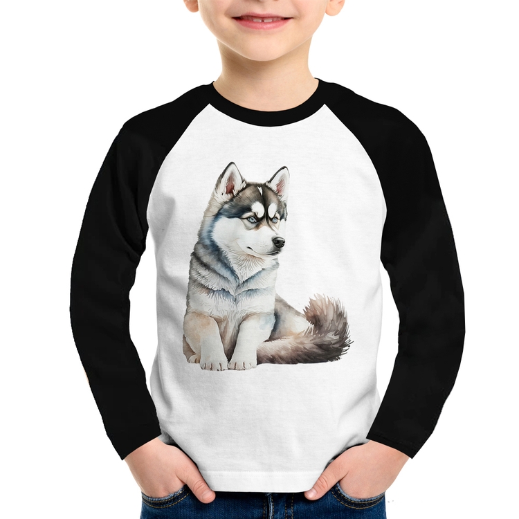 Camiseta Raglan Infantil Cachorro Husky Siberiano Manga Longa