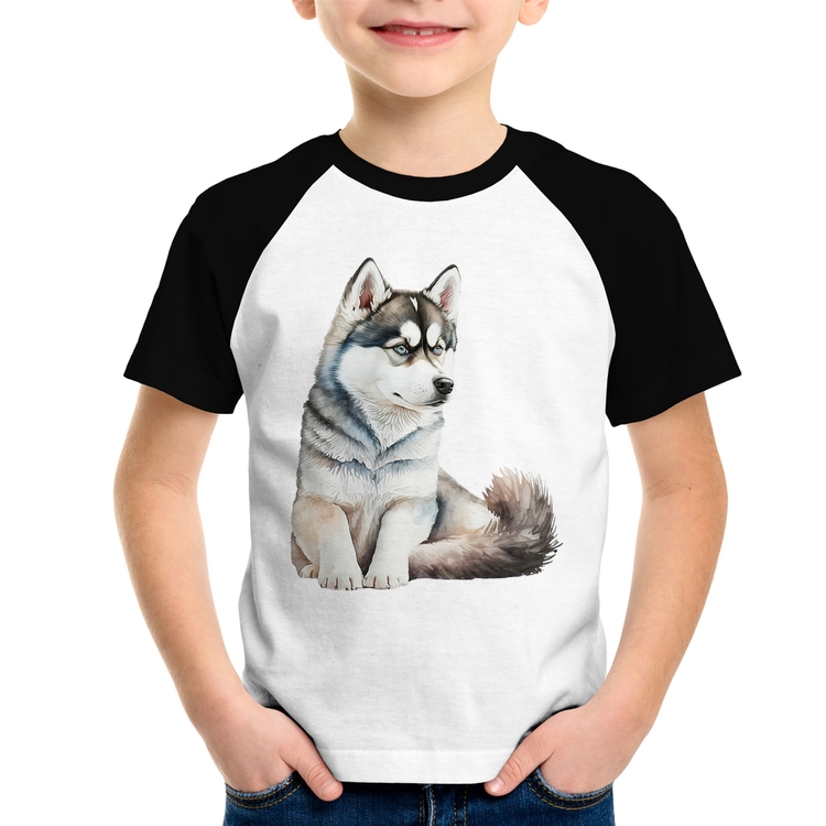 Camiseta Raglan Infantil Cachorro Husky Siberiano