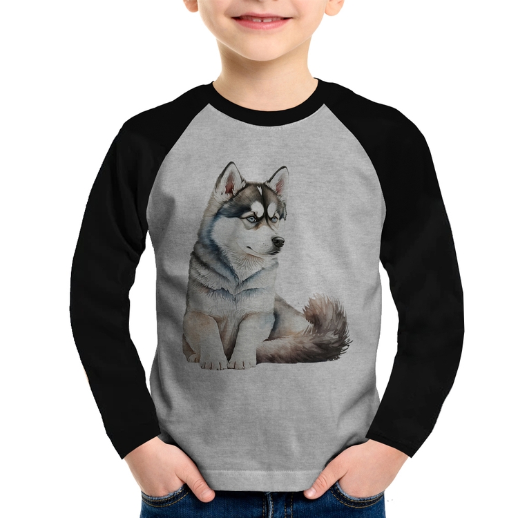 Camiseta Raglan Infantil Cachorro Husky Siberiano Manga Longa - Cinza/Preto