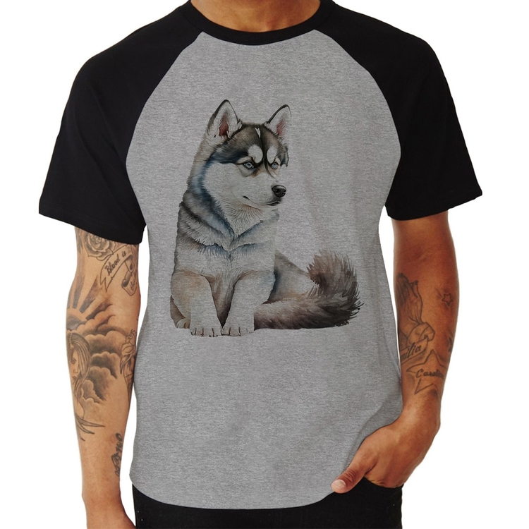 Camiseta Raglan Cachorro Husky Siberiano - Cinza/Preto