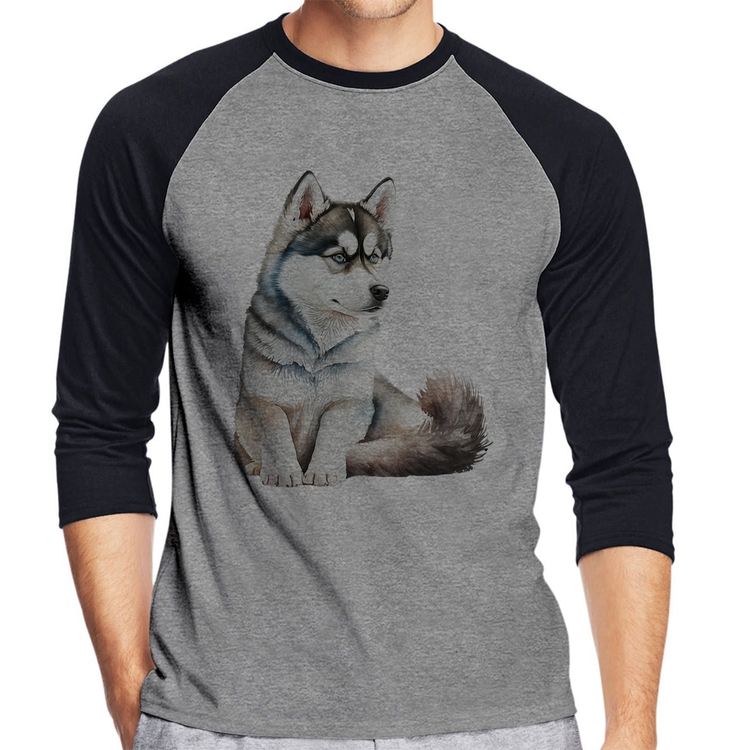 Camiseta Raglan Cachorro Husky Siberiano Manga 3/4 - Cinza/Preto