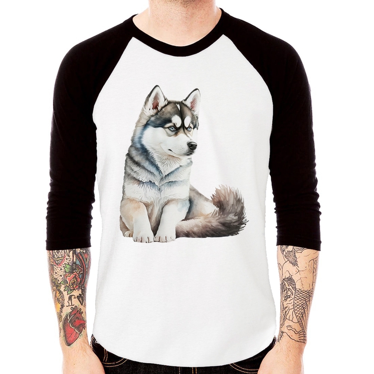 Camiseta Raglan Cachorro Husky Siberiano Manga 3/4