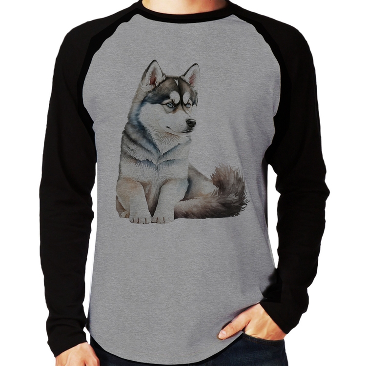 Camiseta Raglan Cachorro Husky Siberiano Manga Longa - Cinza/Preto