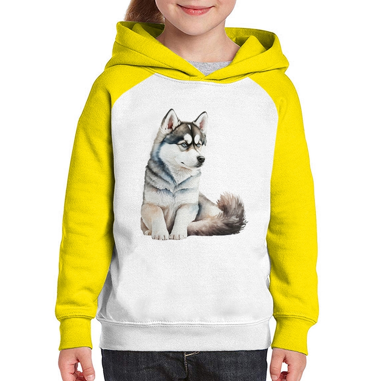 Moletom Infantil Cachorro Husky Siberiano - Branco/Amarelo