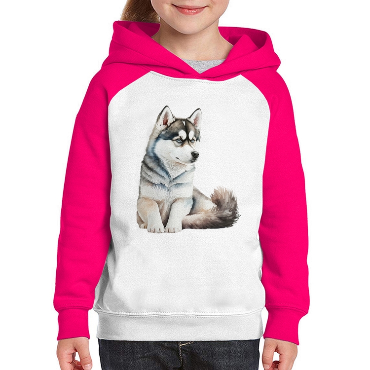 Moletom Infantil Cachorro Husky Siberiano - Branco/Rosa