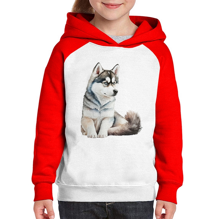 Moletom Infantil Cachorro Husky Siberiano - Branco/Vermelho