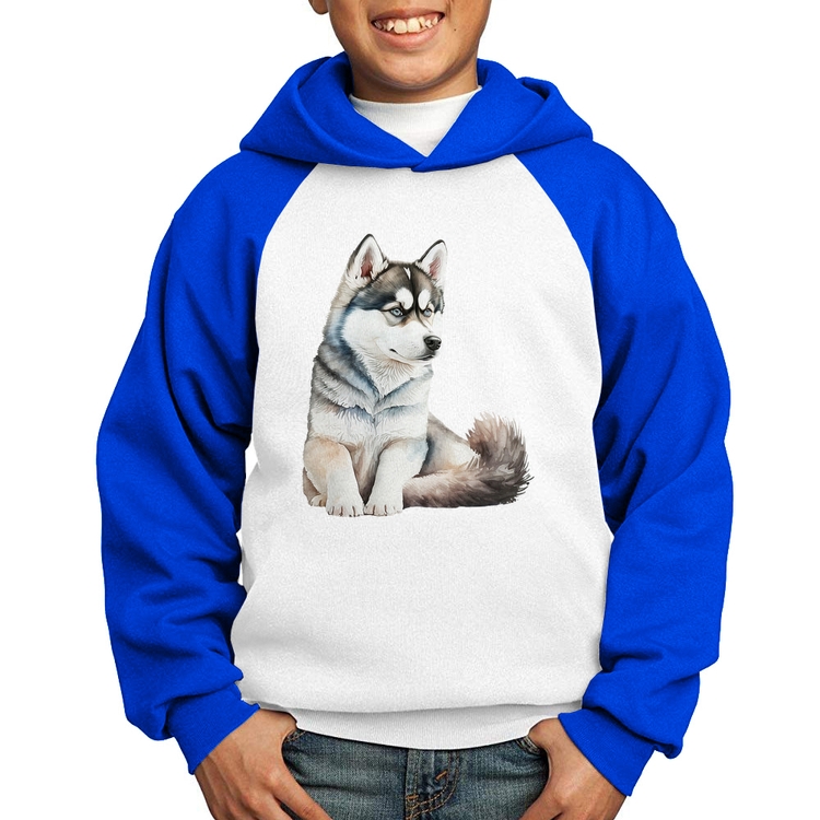 Moletom Infantil Cachorro Husky Siberiano - Branco/Azul
