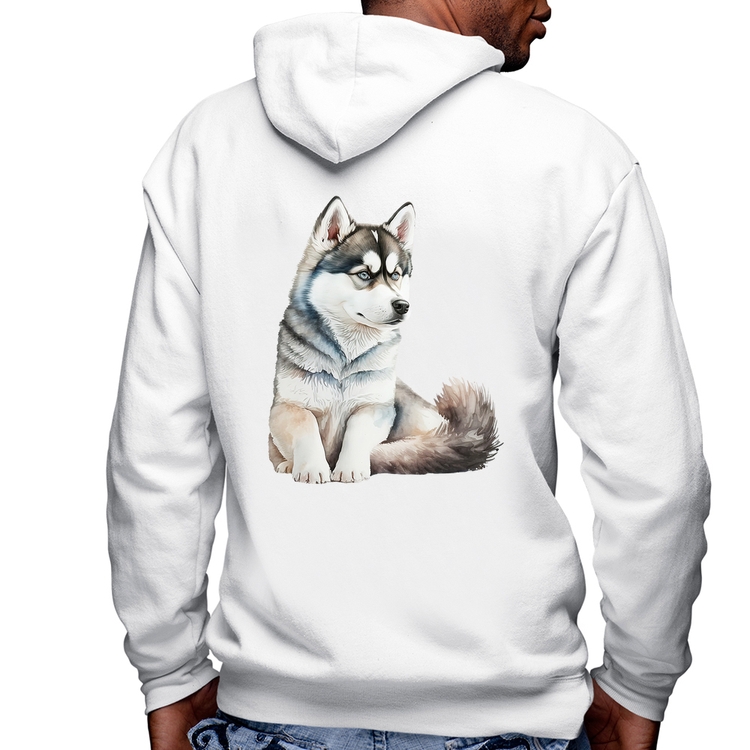 Blusa Moletom Cachorro Husky Siberiano Masculina com Capuz e Zíper - Branca