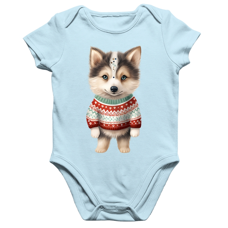 Body Bebê Algodão Cachorro Husky Siberiano Natalino - Azul Bebê