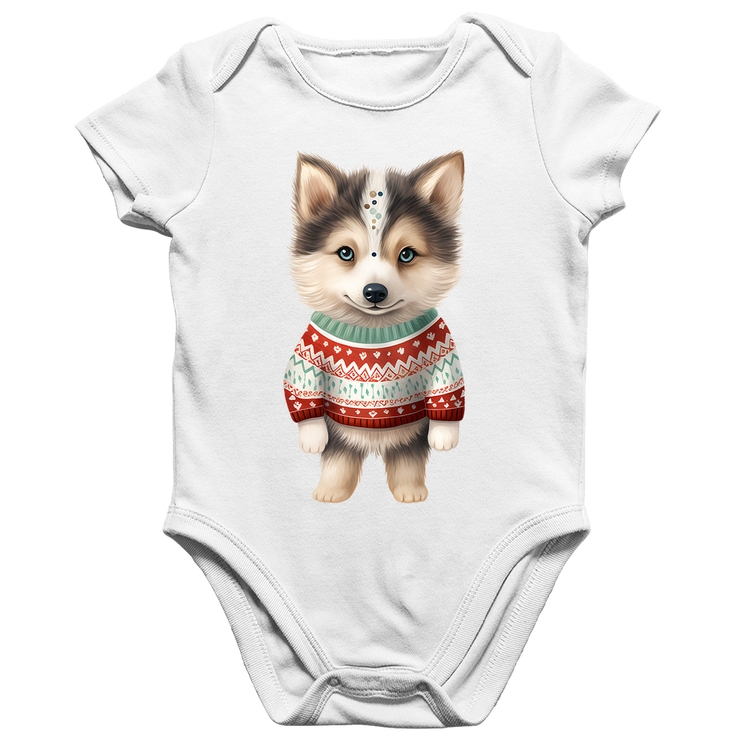 Body Bebê Algodão Cachorro Husky Siberiano Natalino - Branco