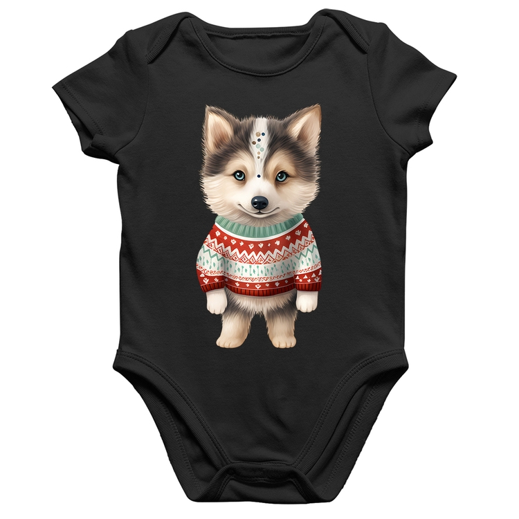 Body Bebê Algodão Cachorro Husky Siberiano Natalino