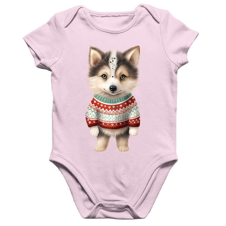 Body Bebê Algodão Cachorro Husky Siberiano Natalino - Rosa Bebê