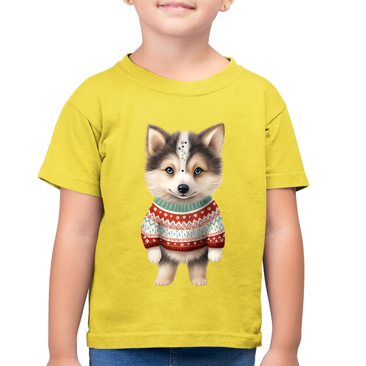 Camiseta Algodão Infantil Cachorro Husky Siberiano Natalino - Amarelo Canário