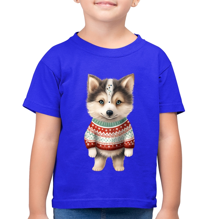 Camiseta Algodão Infantil Cachorro Husky Siberiano Natalino - Azul Royal