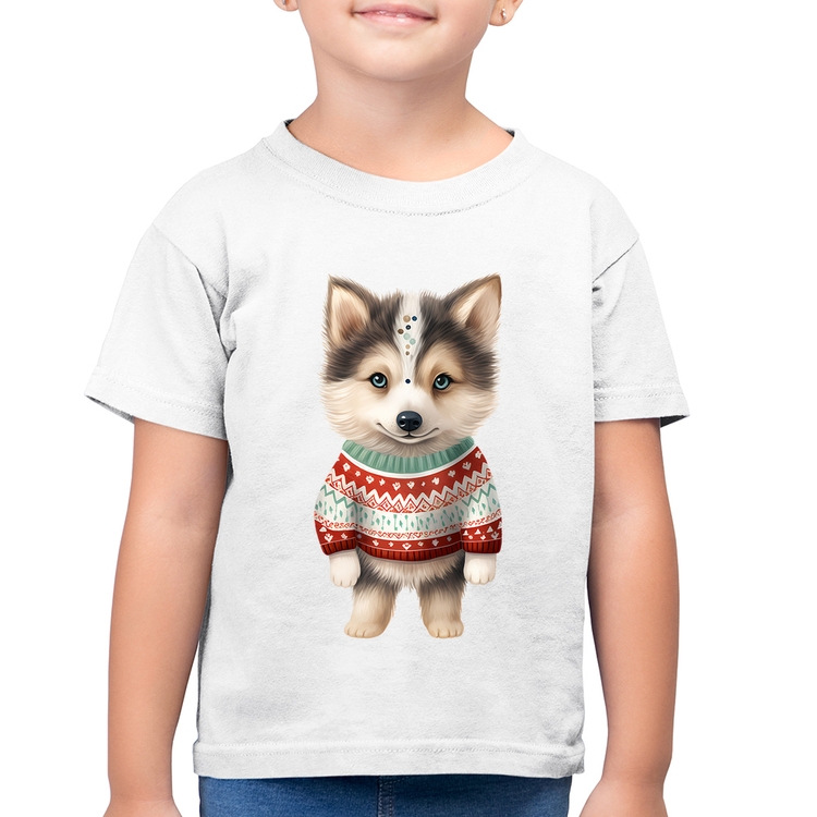 Camiseta Algodão Infantil Cachorro Husky Siberiano Natalino - Branca