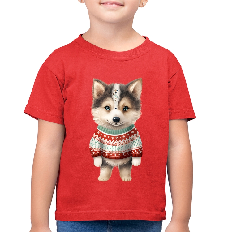 Camiseta Algodão Infantil Cachorro Husky Siberiano Natalino - Vermelha