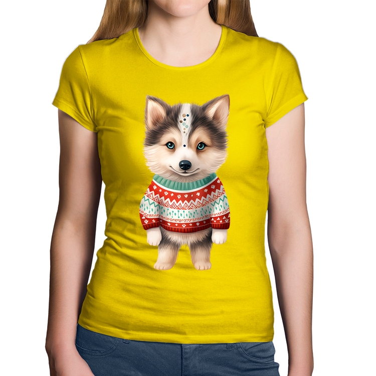 Baby Look Algodão Cachorro Husky Siberiano Natalino - Amarela