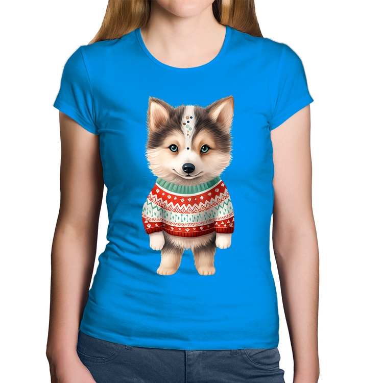 Baby Look Algodão Cachorro Husky Siberiano Natalino - Azul