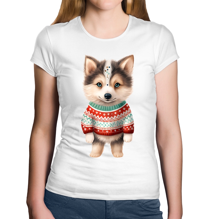 Baby Look Algodão Cachorro Husky Siberiano Natalino - Branca