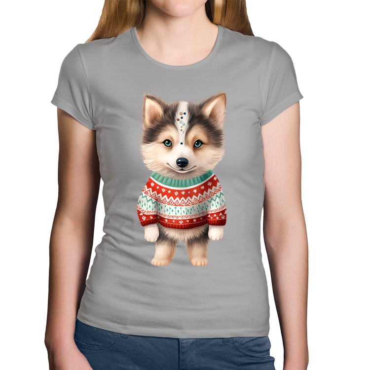 Baby Look Algodão Cachorro Husky Siberiano Natalino - Cinza