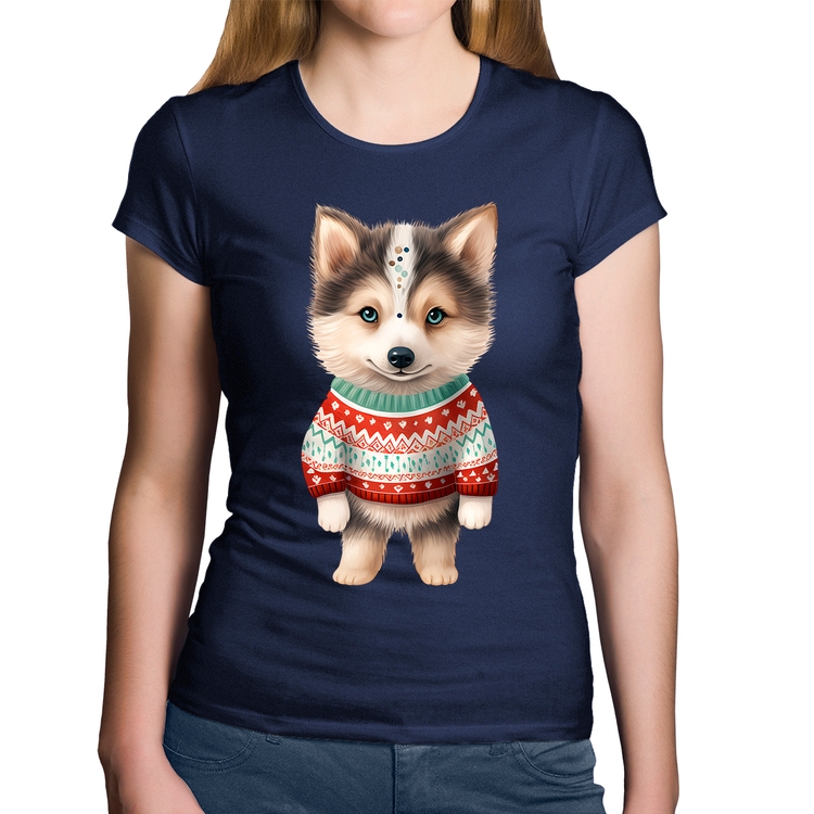 Baby Look Algodão Cachorro Husky Siberiano Natalino - Marinho