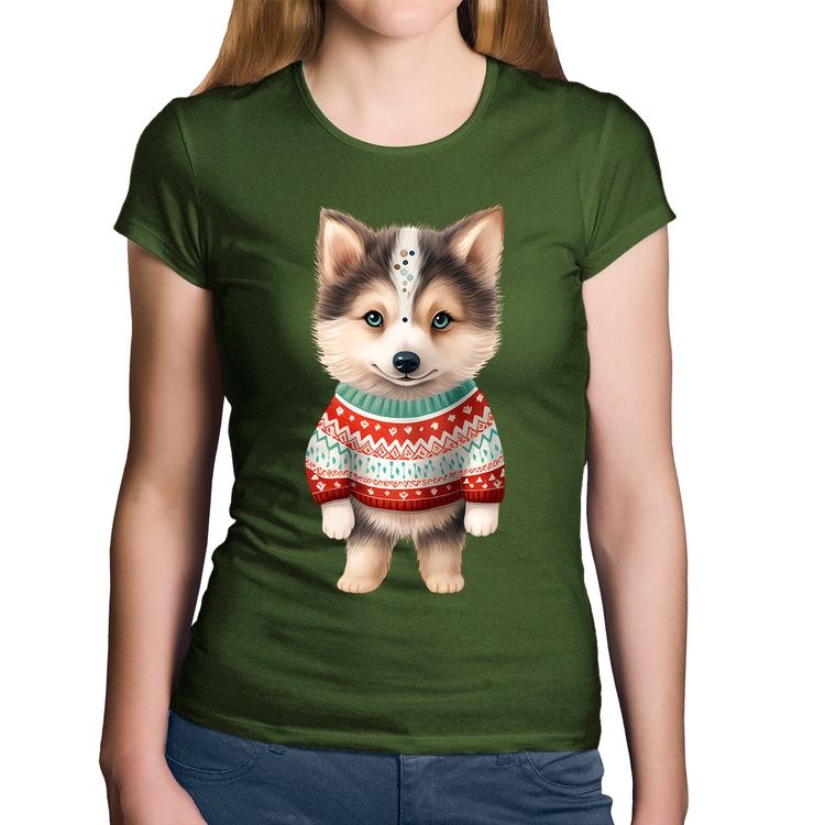 Baby Look Algodão Cachorro Husky Siberiano Natalino - Musgo