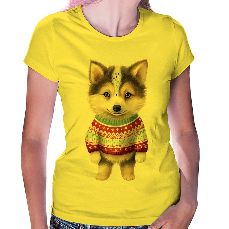 Baby Look Cachorro Husky Siberiano Natalino - Amarela