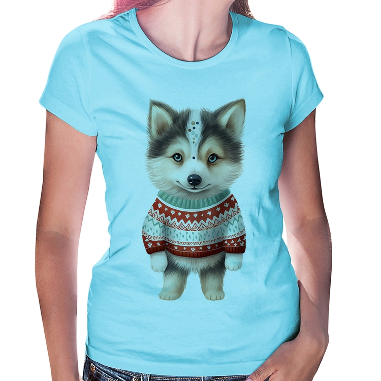 Baby Look Cachorro Husky Siberiano Natalino - Azul Bebê