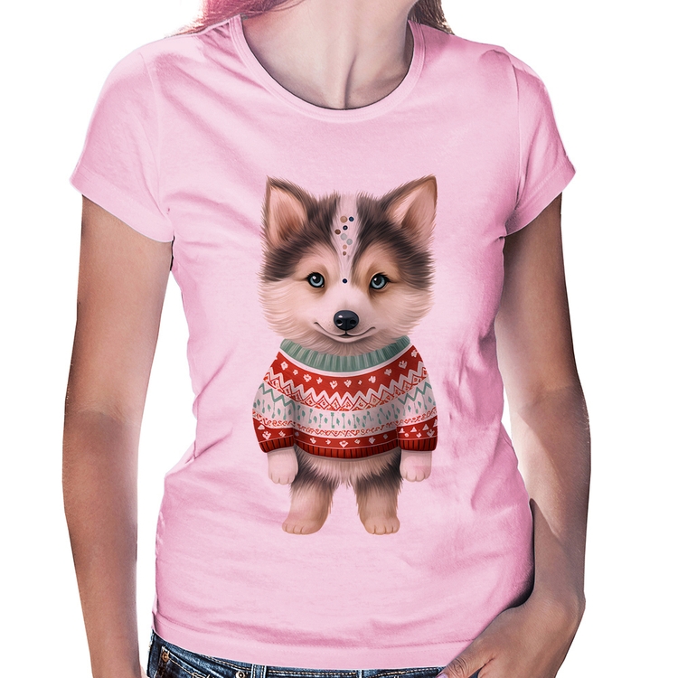 Baby Look Cachorro Husky Siberiano Natalino - Rosa Bebê