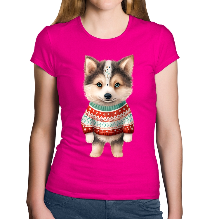 Baby Look Algodão Cachorro Husky Siberiano Natalino - Rosa
