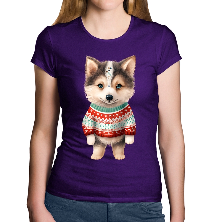 Baby Look Algodão Cachorro Husky Siberiano Natalino - Roxa